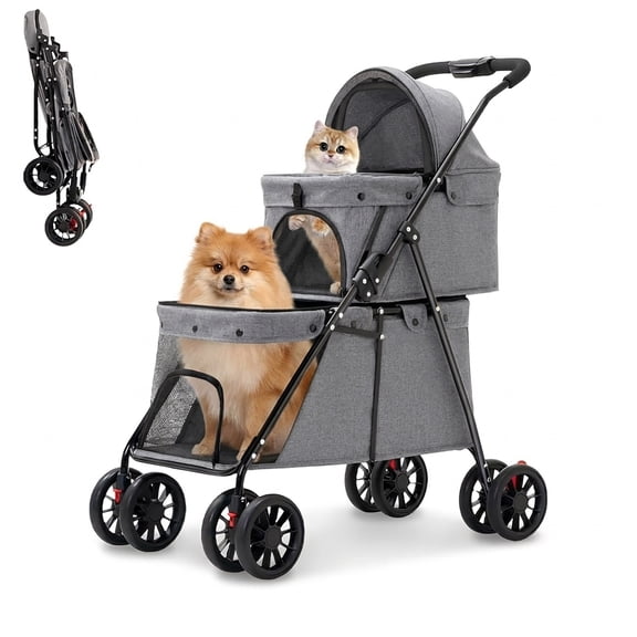 KFeng Double Layer Pet Stroller, Foldable Portable Medium Small Cat & Dog Carrier, Breathable Mesh Window, Stable Lightweight 4-Wheel Pet Stroller(Gray)