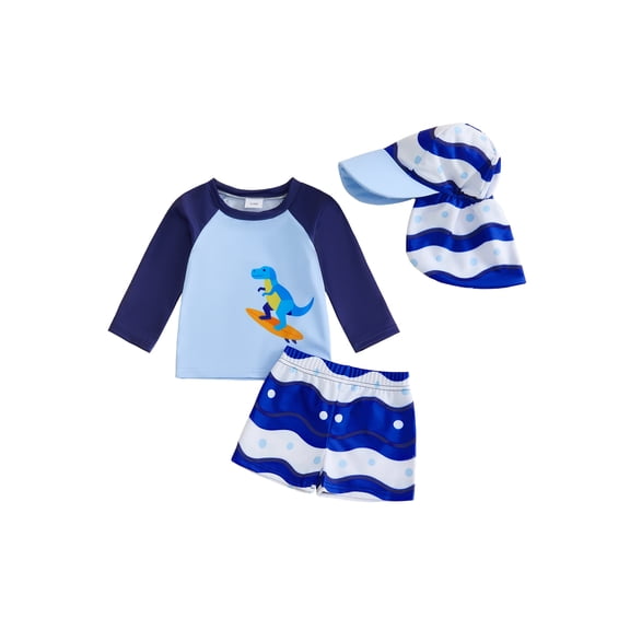 BemeyourBBs Toddler Baby Boy 2 Piece Swimsuit with Sun Hat Set Infant Boys Bathing Suit Long Sleeve Rash Guard Dinosaur Print Shirt Tops and Swimming Trunks Shorts Kids Summer Swimwear Beachwear
