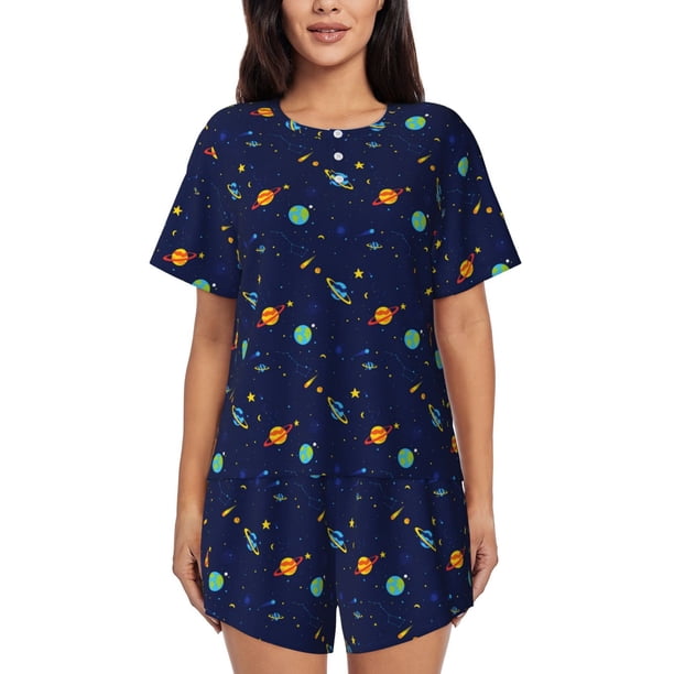 Balery Space Galaxy Conjunto de Pijama para Mujer con Estampado, Dos Piezas de Manga Corta y Shorts, Ropa de Dormir Suave con Cuello Redondo y Bolsillos-3X-Large
