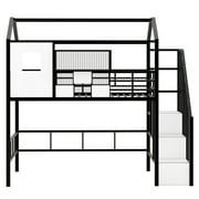 Euroco Twin Loft Bed with Cabinet, Solid Metal House Bed for Kids Teens, Black