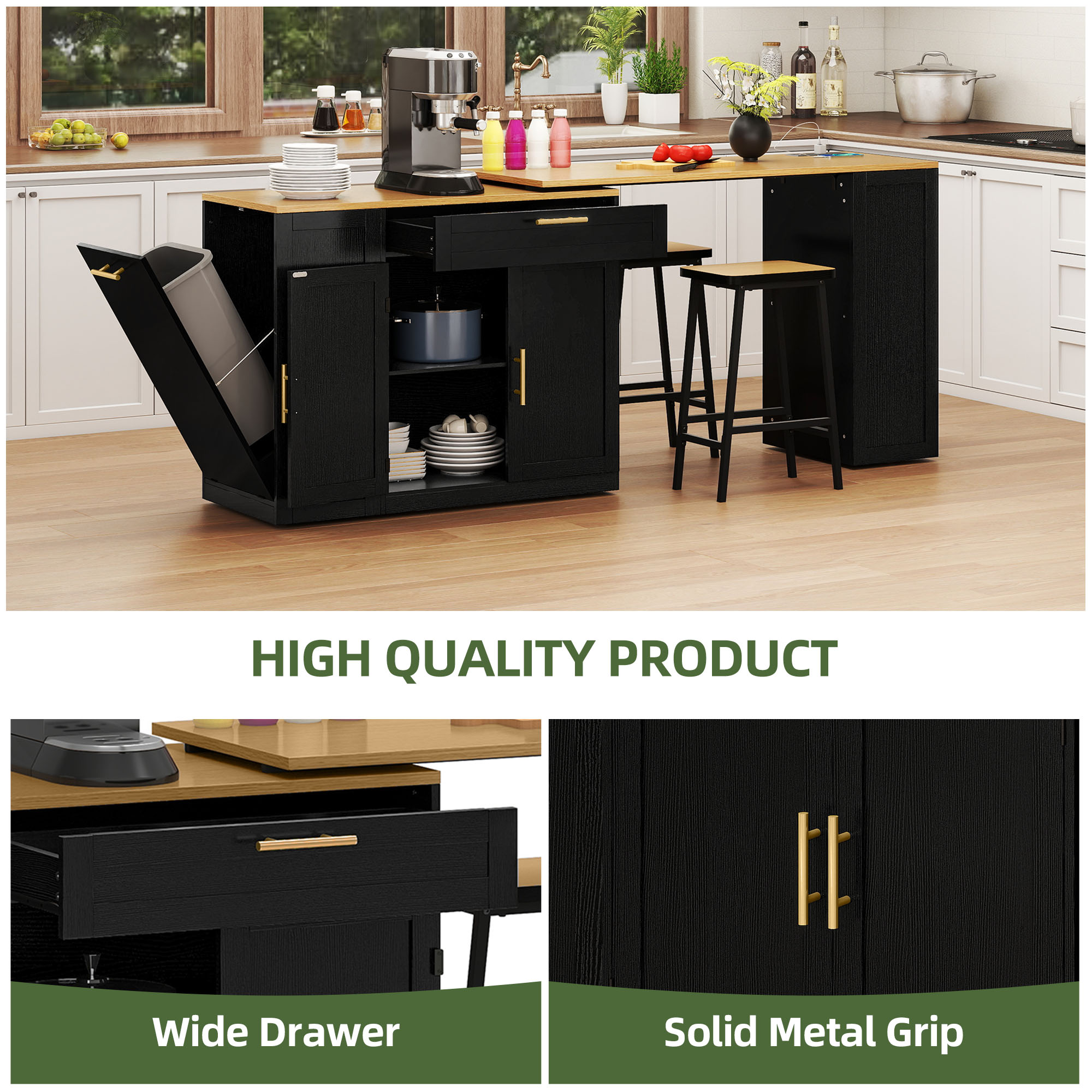 Uforic Extendable Kitchen Island with Power Outlets & 2 Stools, Kitchen Island Cart with Trash Storage Compartment, Black