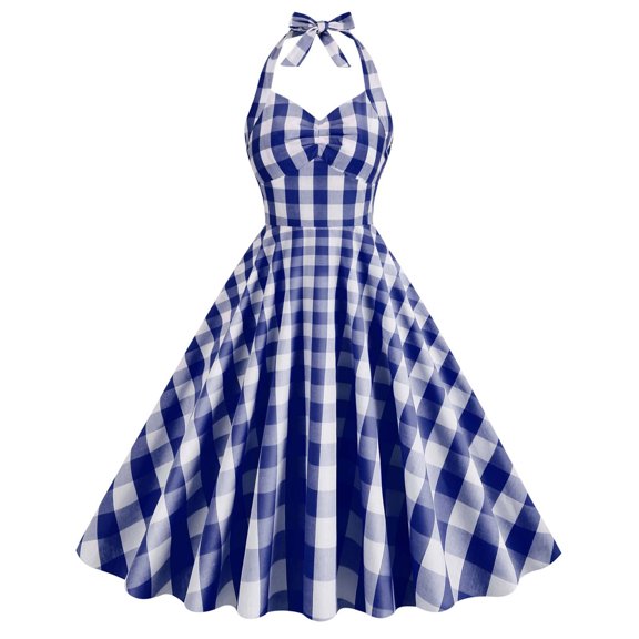Staron Summer Dresses for Women Vintage Halter Neck Sleeveless Printed Cocktail Party Dress Cold Shoulder Stretchy A-Line Sundress, Dark Blue XXL