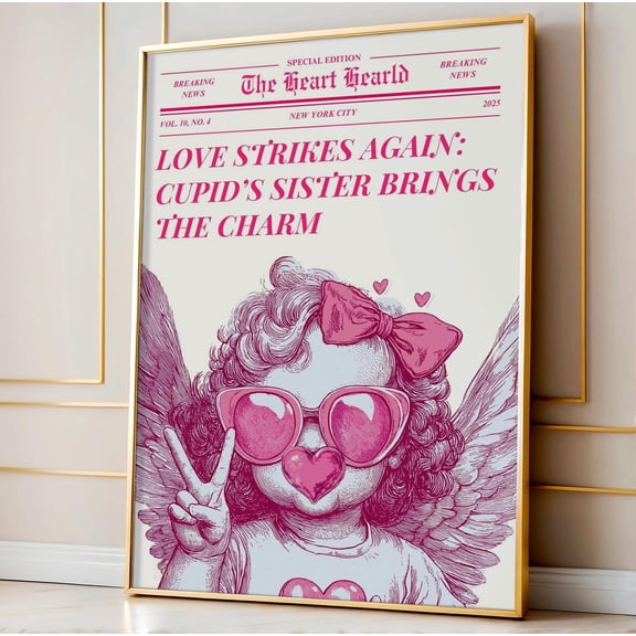 Girl Cupid Newspaper Art Print, Valentine'S Day Decor Home Decor #2708, Unframed Poster Size 8x12