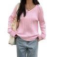 thumbnail image 2 of Women Long Sleeve Cable Knit Sweater Fashion V Neck Fitted Pullover Top Business Casual Fall Outfits Pink M, 2 of 7