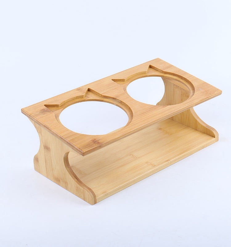 Fairela™ Ergonomic Bamboo Elevated Double Cat Bowl Stand with Ceramic Bowls - Raised Pet Feeder for Cats, Kittens & Small Dogs