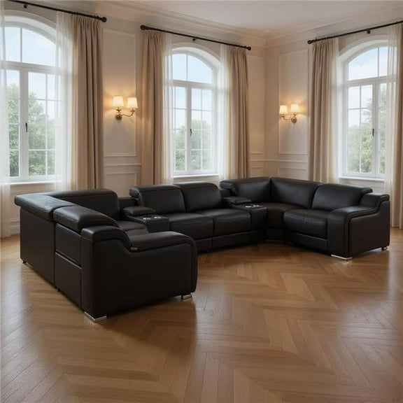 HomeRoots 632562 Black Italian Leather Power Reclining U Shaped 8 Piece Corner Sectional with Console