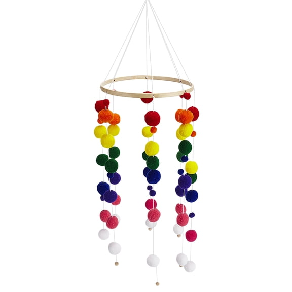 Wooden Crib Mobile Wind Chimes – Felt Ball & Feather Pendant Hanging Baby Mobile, Colorful Nursery Decoration, Soothing Bed Bell