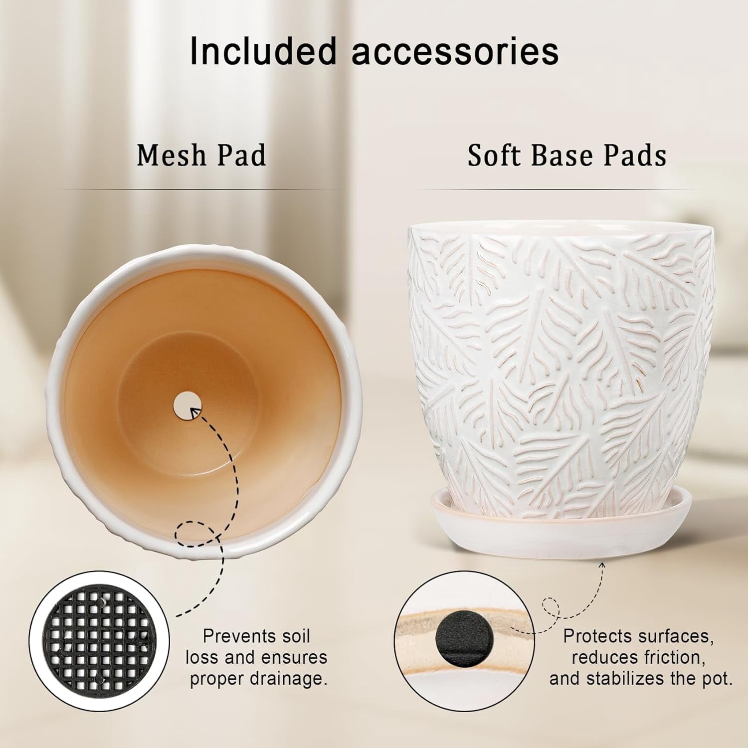 BUYMAX ceramic plant pots, 6 inch plant pots with drainage hole and saucer, indoor/outdoor flower pots, set of 2, leaf embossed - white glaze