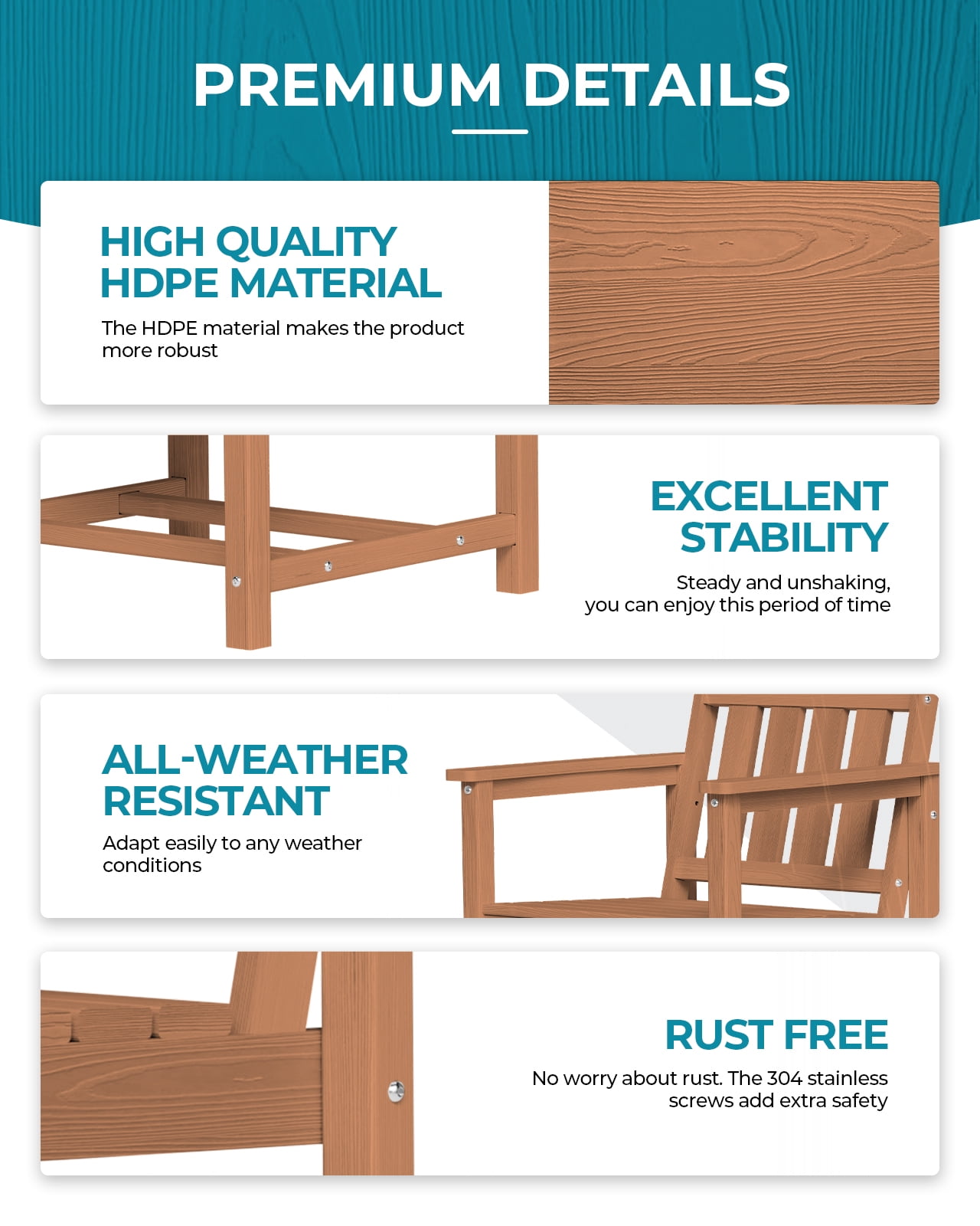 Harbweb 7pc HDPE Outdoor Dining Set, All-Weather Wood Grain Patio Furniture, Teak