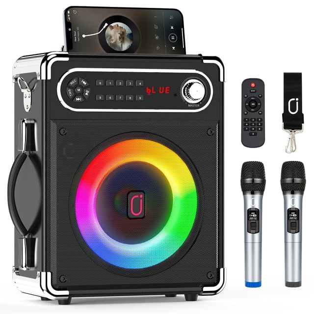 JAUYXIAN Altavoz Bluetooth con dos micrófonos inalámbricos, altavoz exterior con subwoofer/Tweeter, sistema de altavoces PA portátil con control remoto, luces Discol, FM, REC para el hogar, fiesta