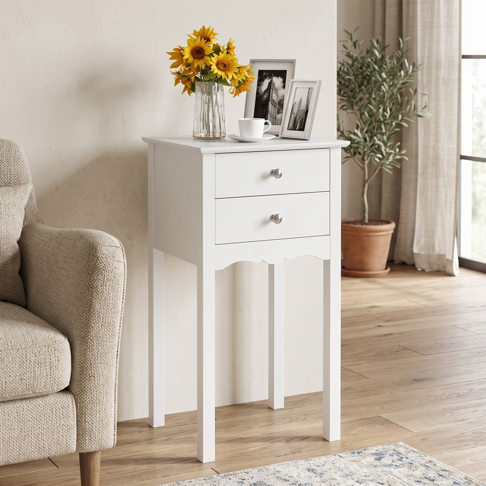 Furnibear 2-Drawer Side Table, Modern MDF End Accent Table with Vintage Metal Handles, High Gloss Nightstand Bedside Storage Table for Living Room Bedroom Dorm, White