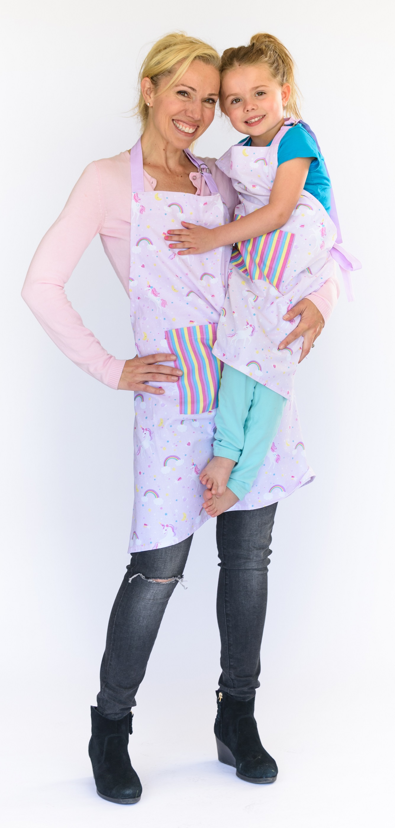 Handstand Kitchen Mother and Daughter 100% Cotton Whimsical Print Apron Set - Rainbows and Unicorns