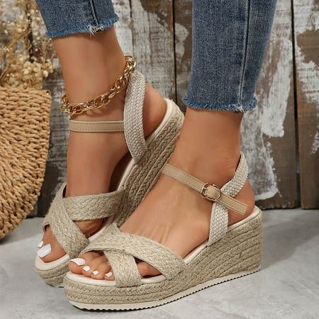 

Daznico Platform Sandals Women Women s Summer Ethnic Style Wedge Open Toe Woven Sandals Outdoor Lightweight One Line Buckle Sandals Sandals for Women 2024(Color:Beige Size:US 8)