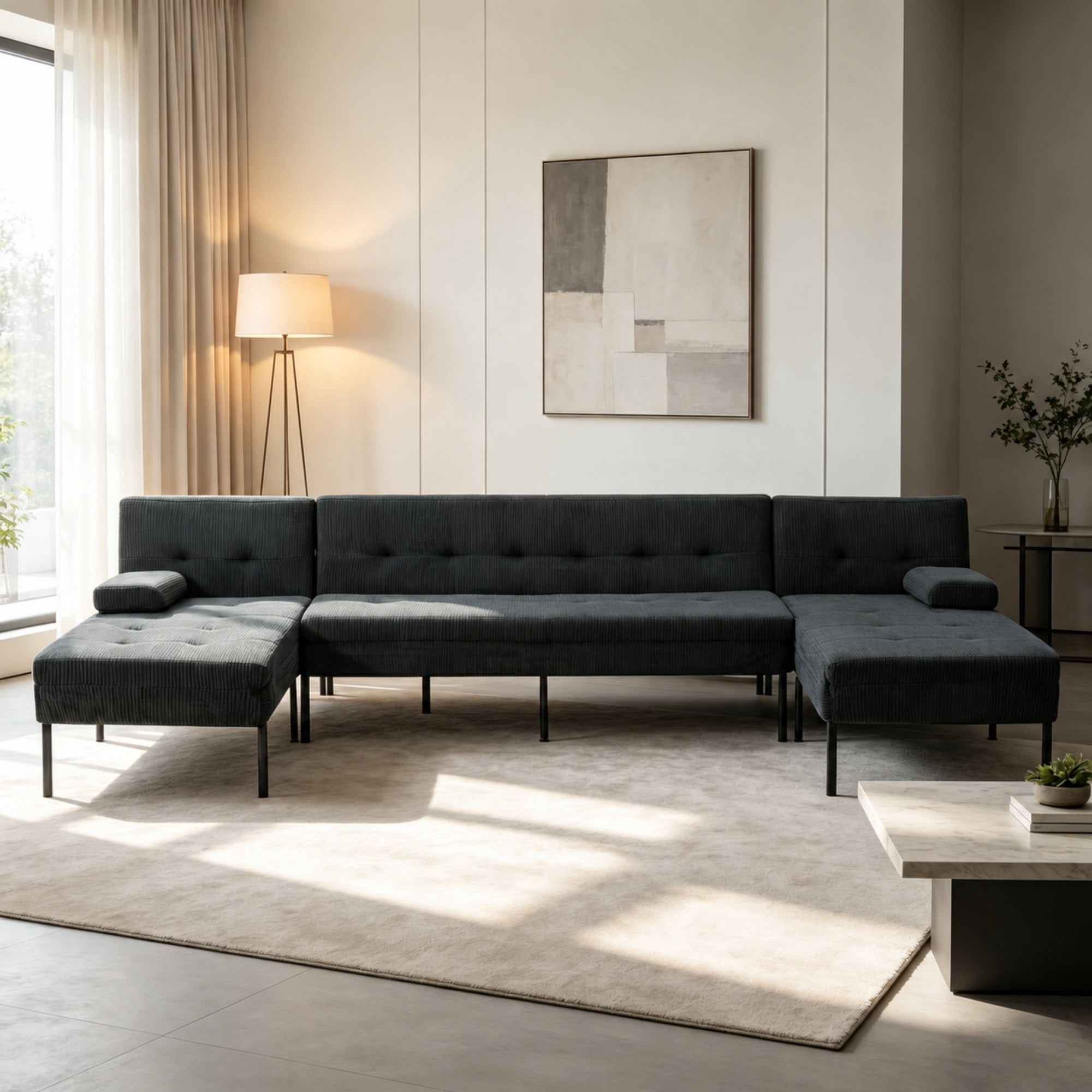 BSHTI 117.13" Soft Corduroy U-Shaped Sectional Sofa Bed with 5-Position Backrest, Comfy Couch for Living Room（Dark Gray）