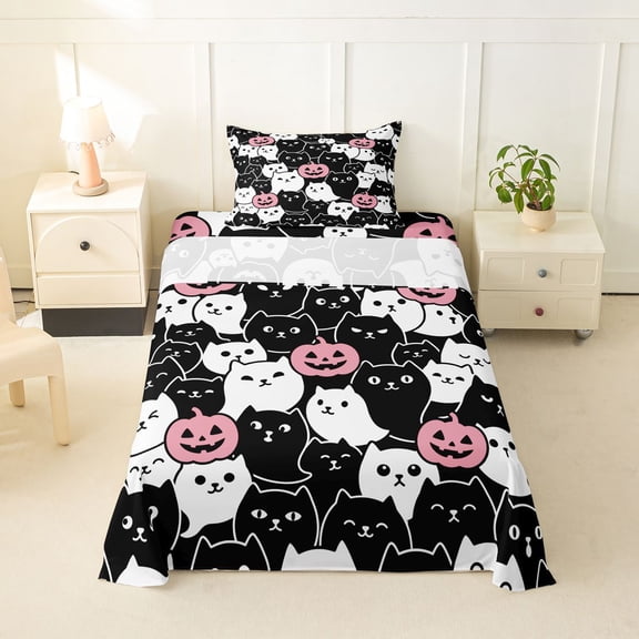 Feelyou Cartoon Halloween Cat Twin Sheets, Spooky Pumpkin Bedding, Black White, 3-Piece, 1 Flat Sheet, 1 Fitted Sheet and 1 Pillowcase