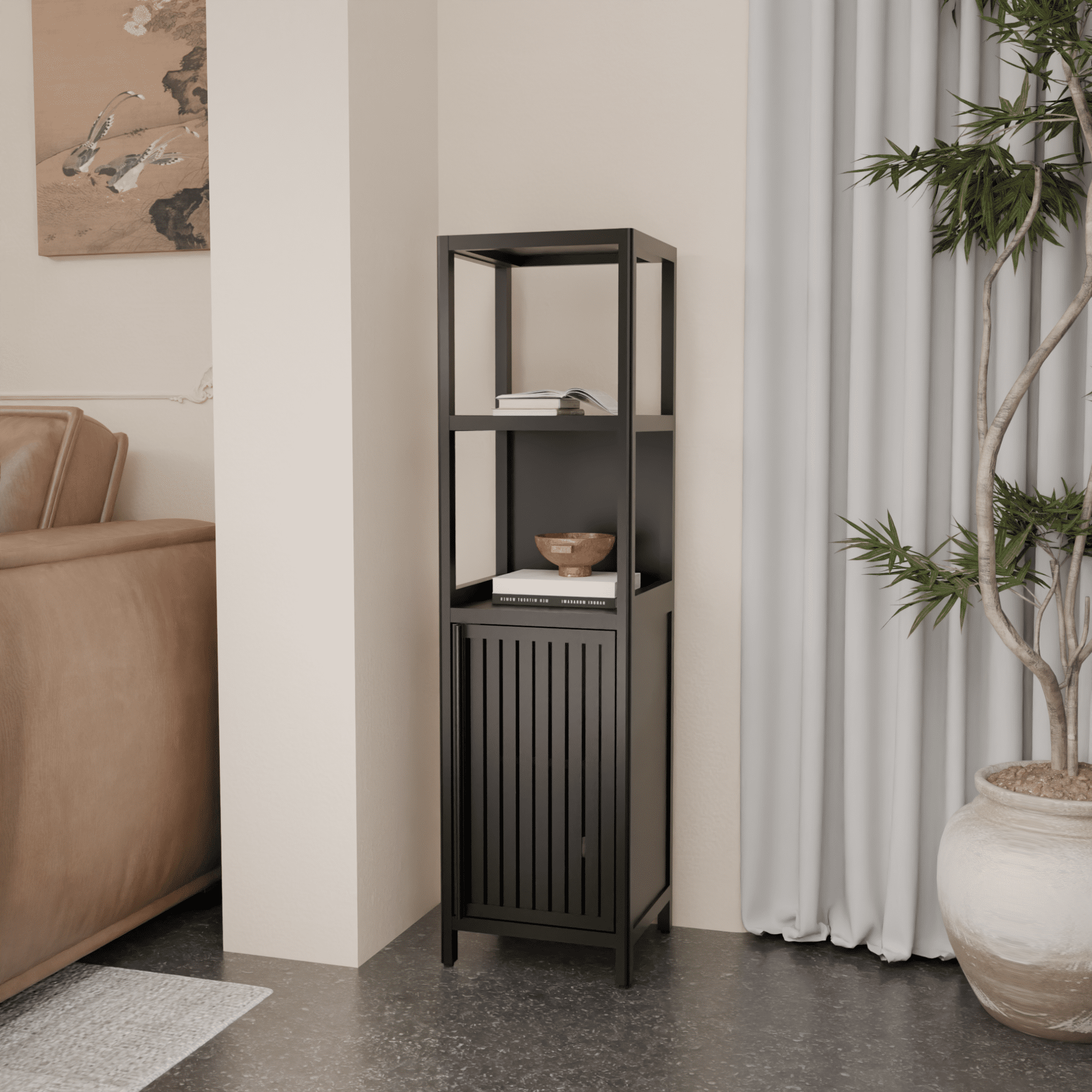 Yoneston 4-Tier Bamboo Bathroom Shelf Storage Cabinet, Tall Slim Cabinet Freestanding with Shelves and Door, Display Shelves for Living Room, Black