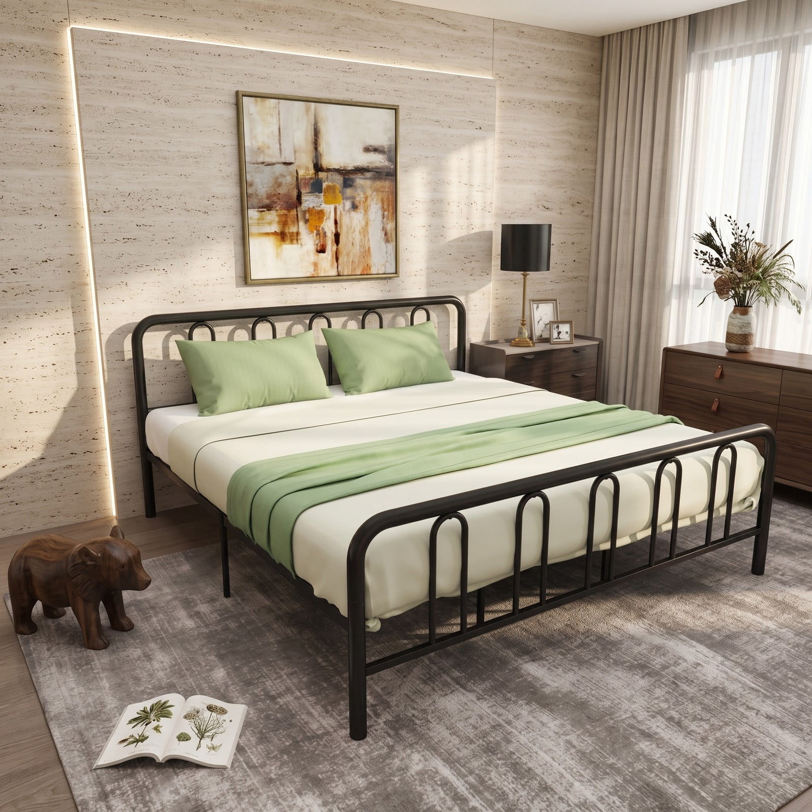 Furnibear King Size Bed Frame with Storage, Metal Platform Bed with Arched Headboard and Footboard, No Box Spring Needed, Black