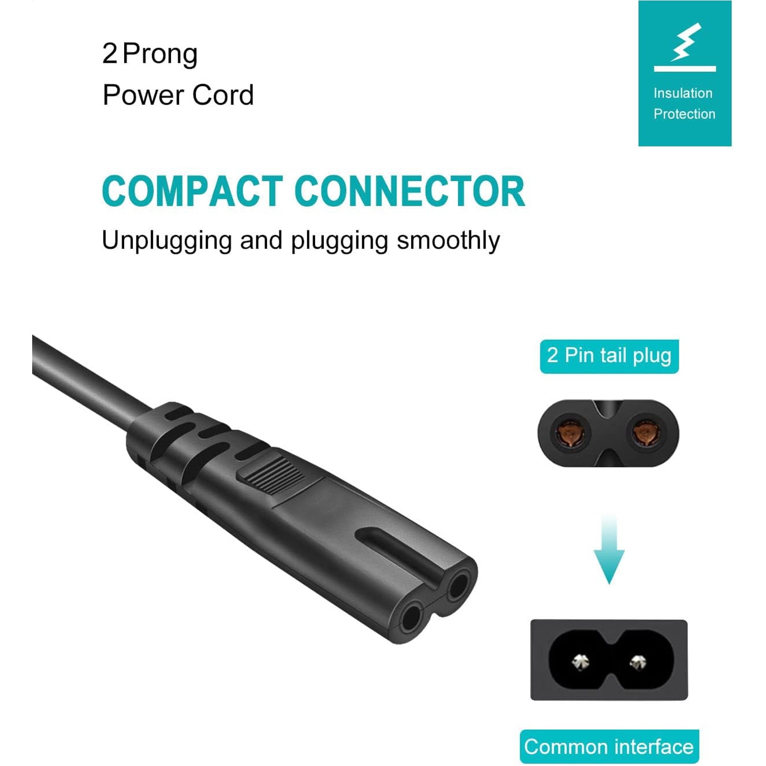 3 Pack,Standard 5ft (1.5m) 7Amps 125 Volts Black 2 Prong AC Power Cord 2-Slot for TV PS4 PS5 Speaker Monitor Xbox Wall Power Cable Replacement