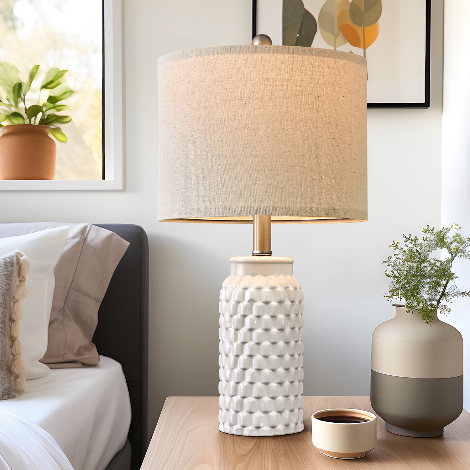 Oneach Modern White Table Lamp Set of 2 for Bedroom Living Room 20.5" Ceramic Bedside Nightstand Lamps with Linen Drum Shade