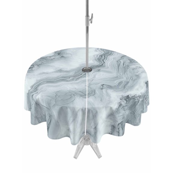 Outdoor Table Cloth with Umbrella Hole and Zipper, Modern Marble Waterproof Round Tablecloth 60 Inch, Abstract Ink Painting Art Contemporary Washable Table Cover for Outside Party Patio Picnic