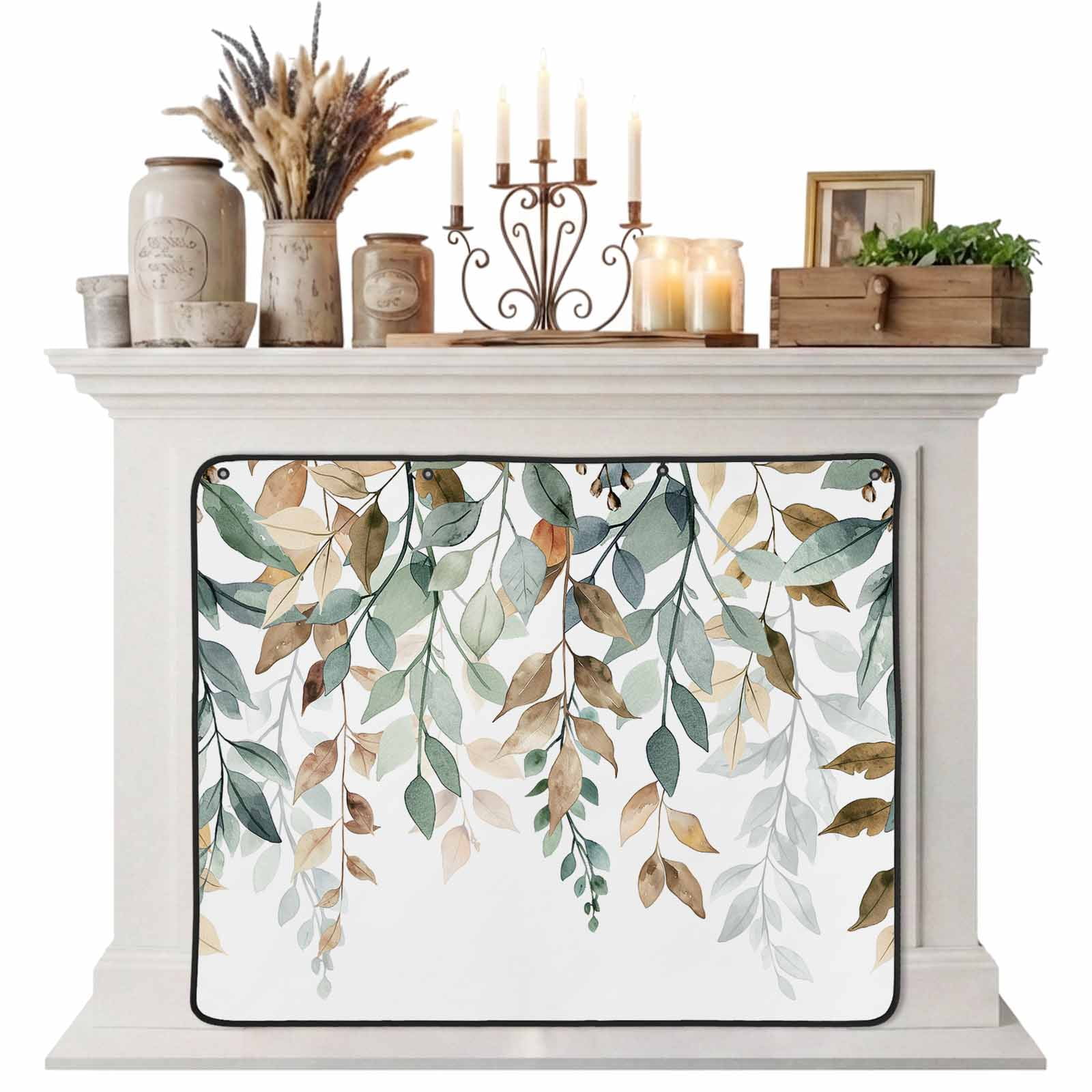 Green Brown Botanical Magnetic Fireplace Cover Fireplace Draft Blocker Farmhouse Eucalyptus Leaves Fireplaces Blanket for Heat Loss/Cold Air Fireplaces Draft Stopper Cover for Inside 51 x39