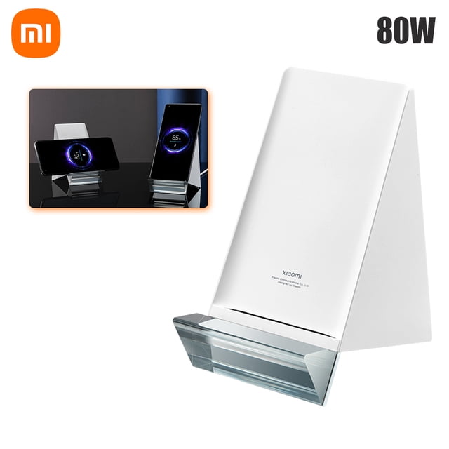 xiaomi mi 80w juego de soporte de carga inalámbrica cargador inalámbrico rápido base de es Blanco soporte ergonómico para smartphone en posición vertical u horizontal, frente inclinado con tope translúcido y acabado mate, panel trasero con logotipo, compatible Qi y disipación de calor integrada para carga rápida 80W; también suele usarse como soporte para videollamadas o ver películas mientras carga.