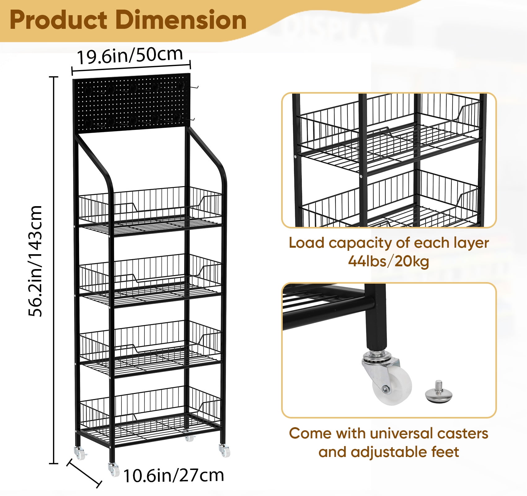 Petoto 4-Tier Retail Display Rack, 19.6 x 10.6 x 56.2 inches Snack Candy Rack, Metal Fruit Stand Storage Shelf with Wheels and 10 Hooks