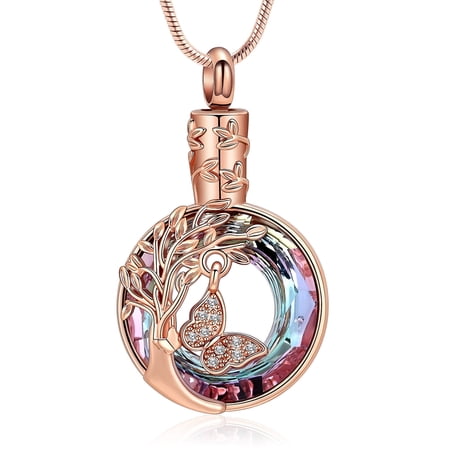 Tree of Life Butterfly Urn Necklaces for Ashes Circle Jewelry Memorial Keepsake Funeral Jewelry for Women Men