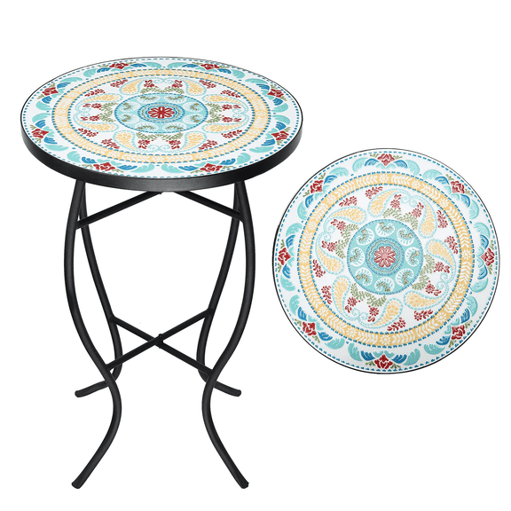 Mosaic Patio Side Table Outside Accent Round End Plant Table for Bistro Balcony Porch Outdoor Benches 14"