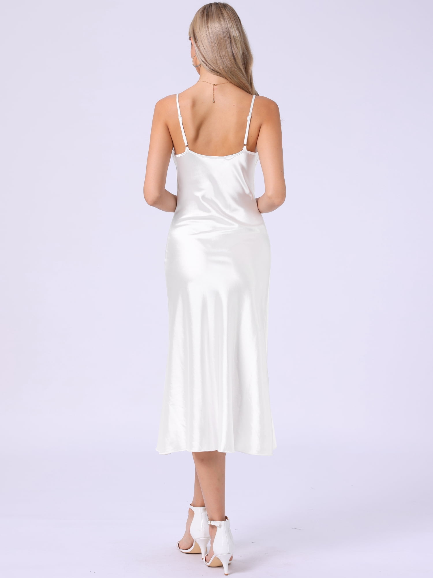 DARING DIVA Satin V Neck Spaghetti Strap Silky Maxi Dress XS White