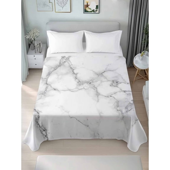 Marble Grey White California King Size Flat Sheet, Wrinkleproof & Fadeproof Cooling Flat Bed Sheet Only, Cracked Rock Greyscale Fake Stone Breathable Soft Bedding Top Sheets 108 x 98 Inches