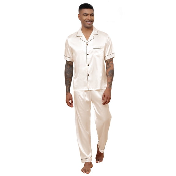 Silk Satin Pajama Sets for Men Short Sleeve Button-Down Pajamas for Men 2 Piece Men Silk Sleepwear Set Mens Satin Loungewear Sets with Long Pants, S-XXL