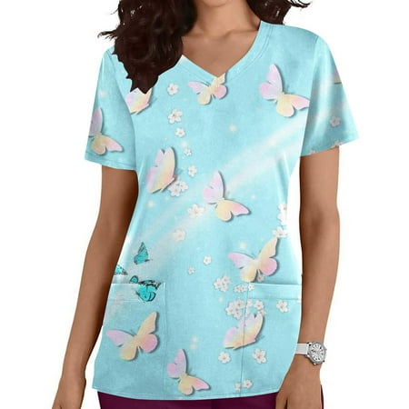 

Christmas on Sales Clearance! Qiaocaity Women Scrub Tops Women s Fashion V-neck Butterfly Print Short Sleeve Pocket Coverall Top Sky Blue XL