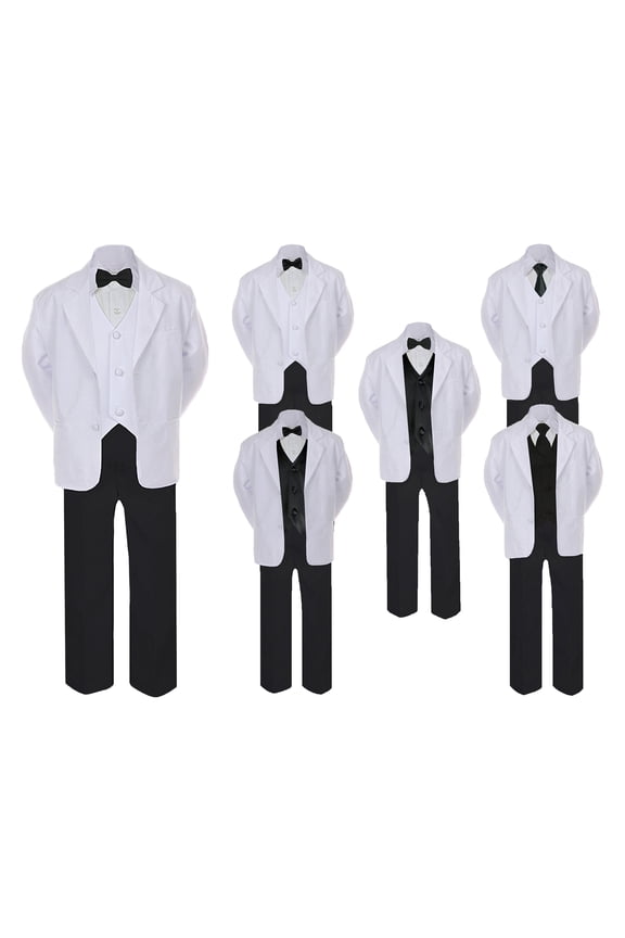 5-7pc Formal Black & White Suit Set Black Bow Necktie Vest Boy Baby Sm-20 Teen