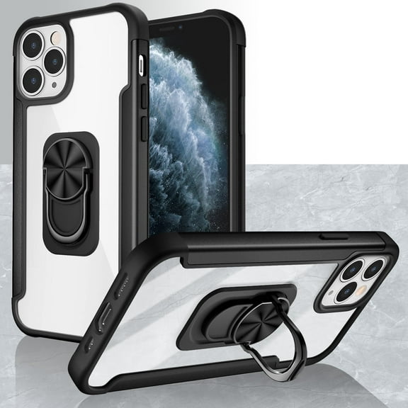 For iPhone 12 & iPhone 12 Pro (Open Camera Hole) Aluminium Alloy Magnetic Ring Stand Hybrid Case Cover - Black