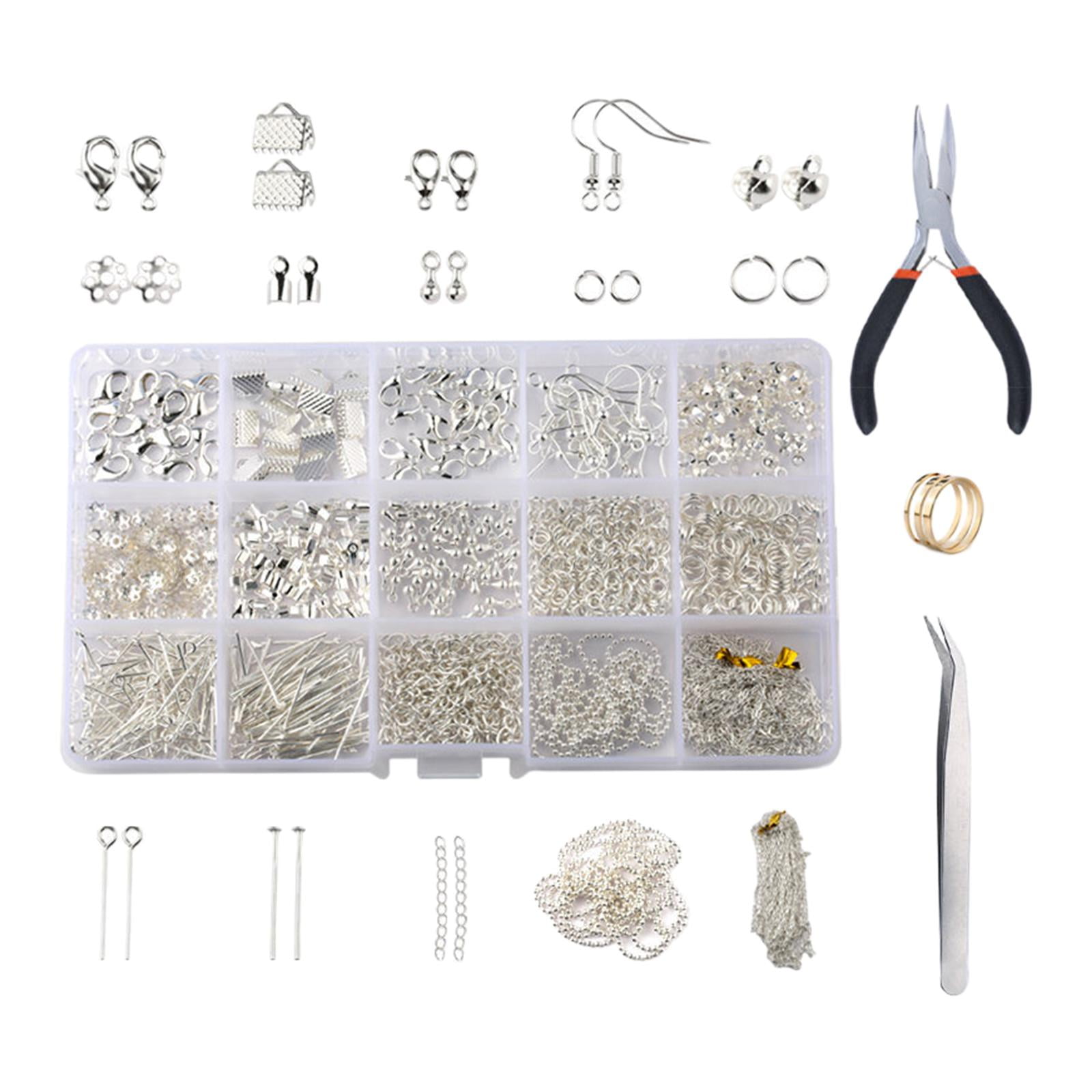 GUOOL Jump Rings Jewelry Making Necklace Repair Supplies Pliers Bangle Earrings Nail Kit, opening ring, Ear Pads, Tweezers, Thimble, Pliers - Silver