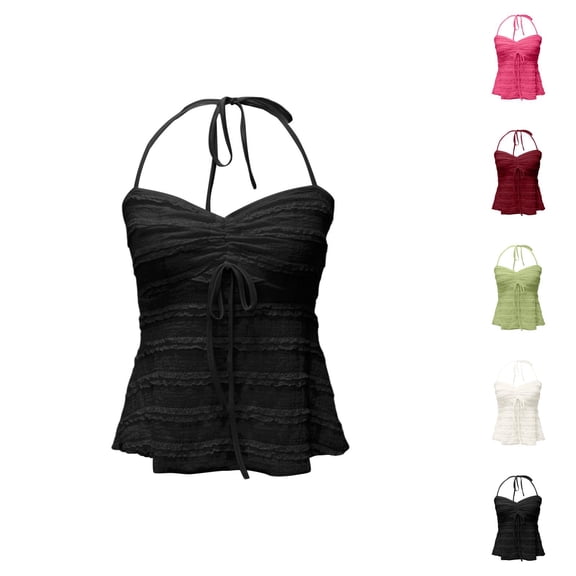 Peplum Tank Tops for Women Y2k Halter Neck Cute Bow Center Ruched Spaghetti Strap Dressy Casual Crop Camisole Tops