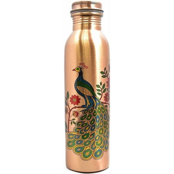 RATAN ENTERPRISES Pure Copper Peacock design water bottle with Lid 900 ML