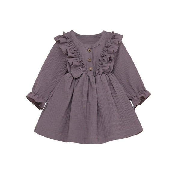 Odeerbi Toddler Girls Cotton Linen Dresses Ruffles Long Sleeve Vintage Dress Kids Solid Outfits Casual Clothes