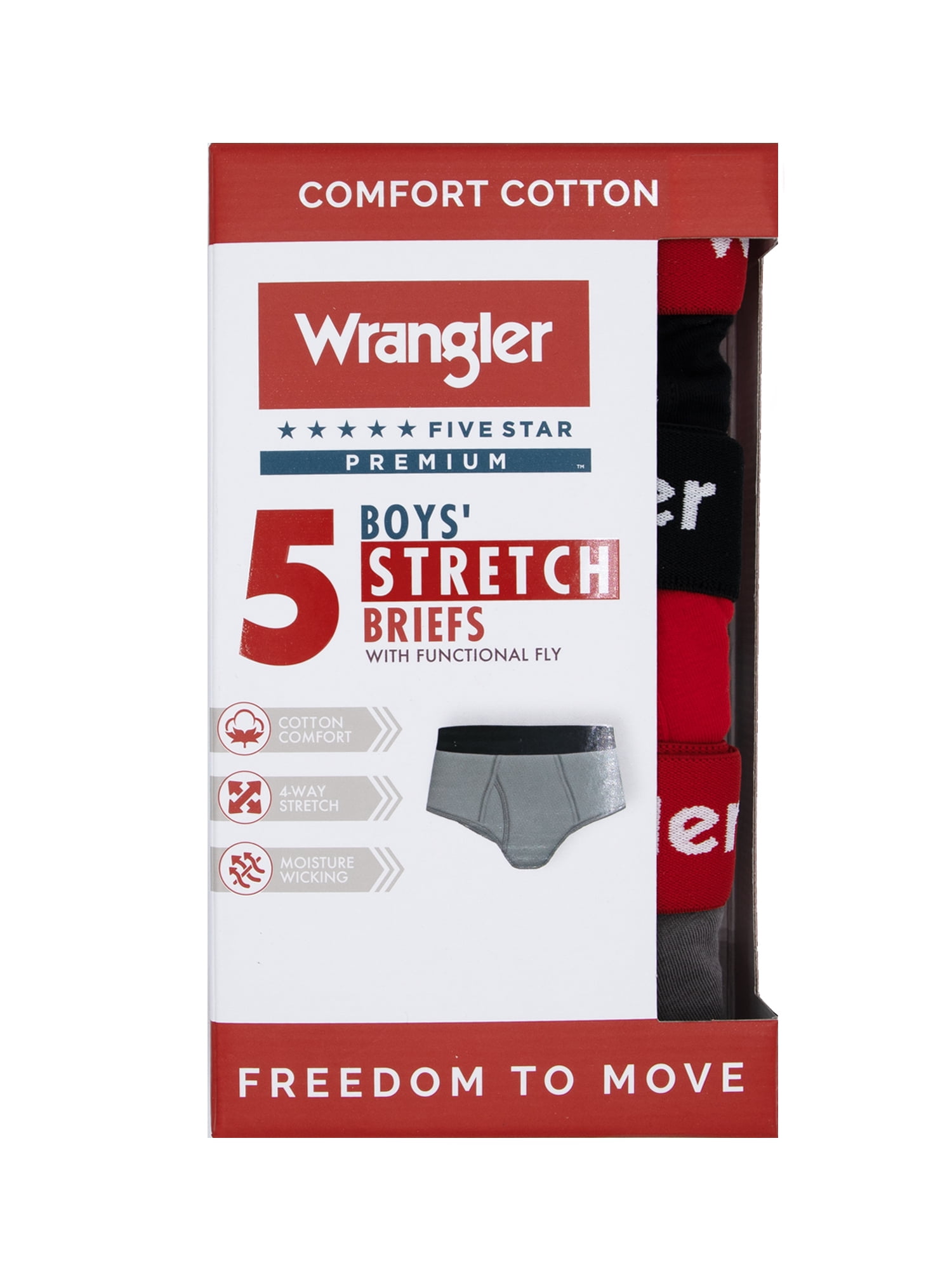 Wrangler Boys' Cotton Briefs, Soft Boys Underwear w/ 4-Way Stretch, Medium, 5-Pack