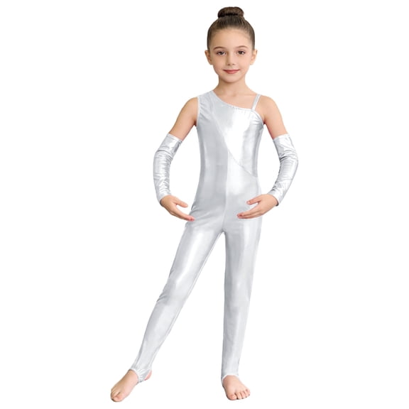 TiaoBug Kids Girls Shiny Metallic Dance Unitard Sleeveless Full Length Jumpsuit Gymnastics Leotard with Arm Sleeves Silver 6
