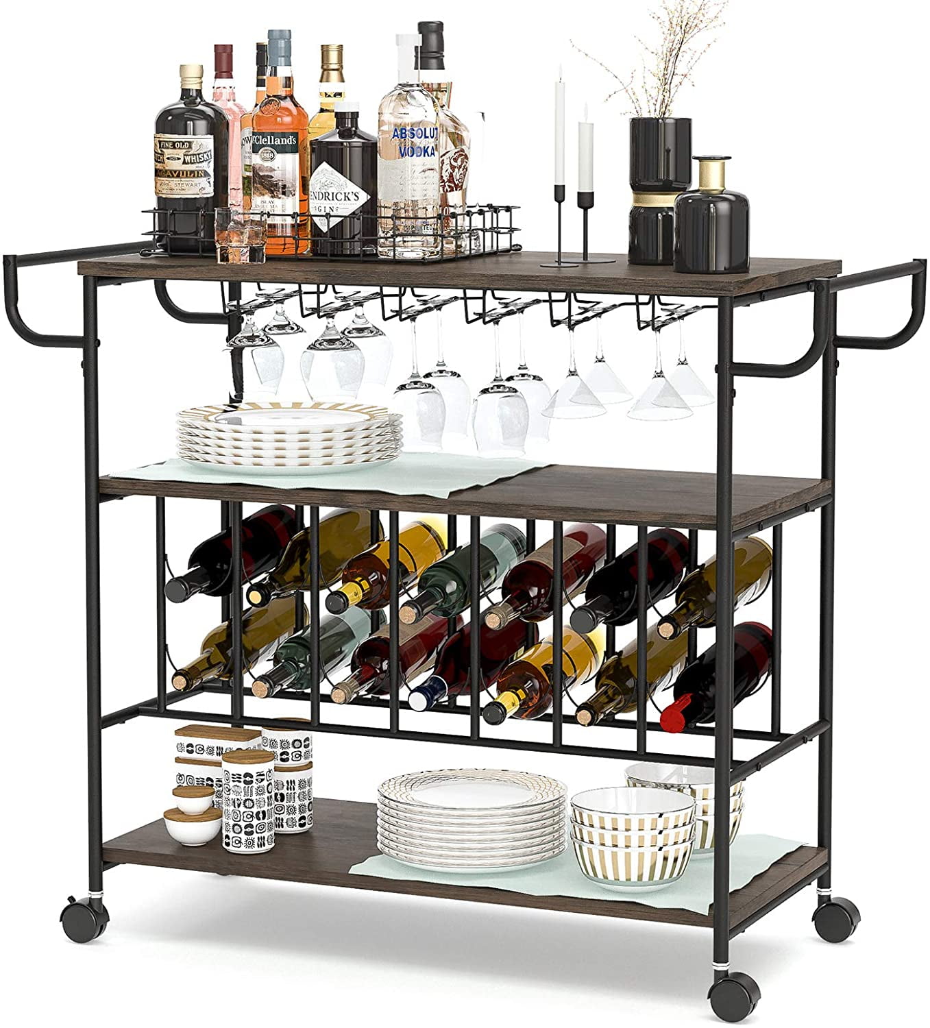 Mecor Industrial Bar Serving Cart, Mobile Rolling Kitchen Island Wine