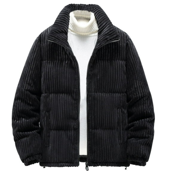 Ahdbta Mens Corduroy Jackets Mock Neck Winter Quilted Bubble Puffer Outwears Zip Up Long Sleeve Warm Coats with Pockets