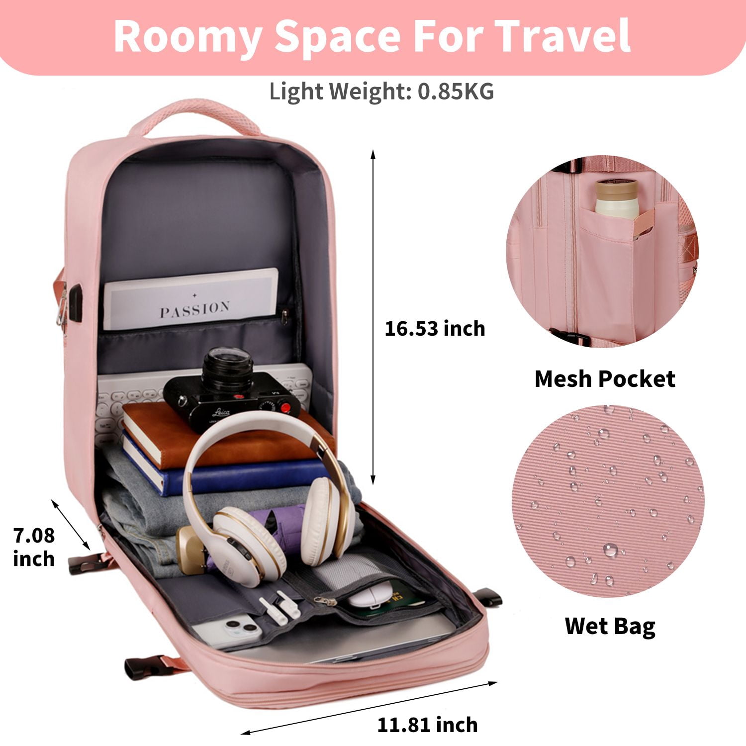 Travel Backpack for Women, 15.6 Inch Laptop Backpack with USB Charging Hole, College Bookbag, Large Capacity Black Computer Backpacks for Work