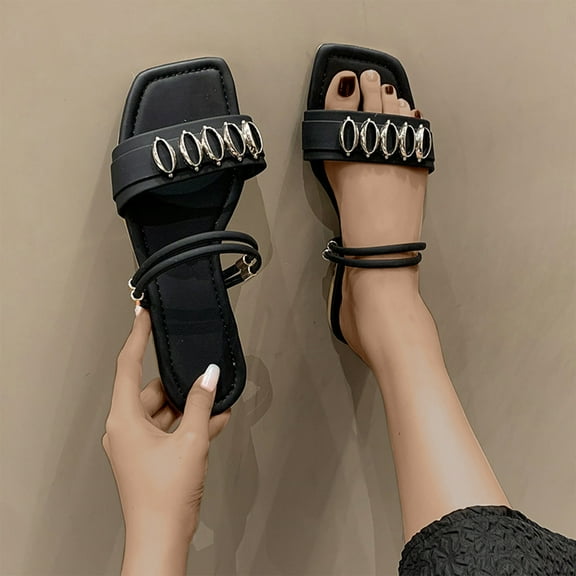 Summer Saving Clearance! Tuobarr Women's Slide Sandals Women's Fashionable Slippers Square Toe Sole Mules Casual Shoes Soft Sole Sandals Black US Size 7.5