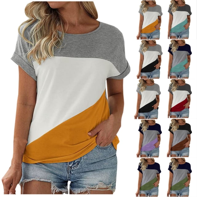 Fiudx Liquidación de Ahorros de Verano Top/Camisa de Cuello Redondo de Manga Corta con Bloques de Color para Mujer