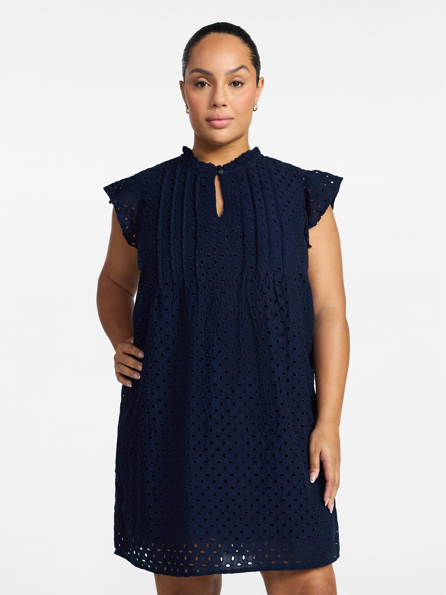 Time and Tru Women's Cotton Eyelet Mini Dress with Flutter Sleeves, Sizes XS-XXXL