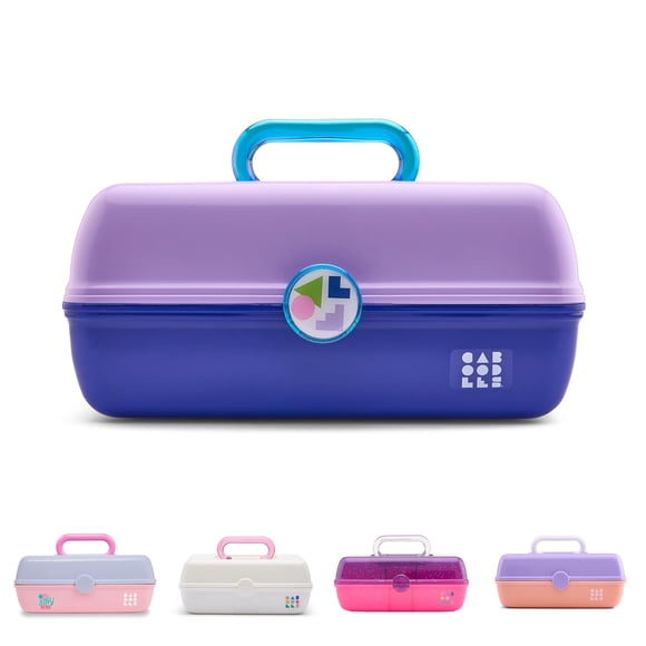 Estuche de maquillaje Caboodles On-The-Go Girl, bicolor lila sobre cobalto, organizador de maquillaje de plástico rígido, espejo incorporado, cierre de seguridad para viajes seguros, amplio espacio de