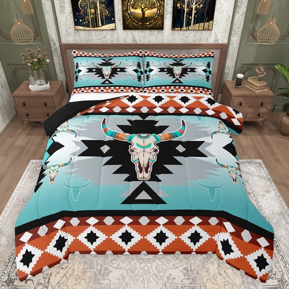 jejeloiu Exotic Bull Skull Bedding Comforter Set,Boho Tribal Twin Comforter Sets,Aztec Geometric Rhombus Bedding Set For Men Women,Ultra Soft Home Decor Reversible,2-Piece