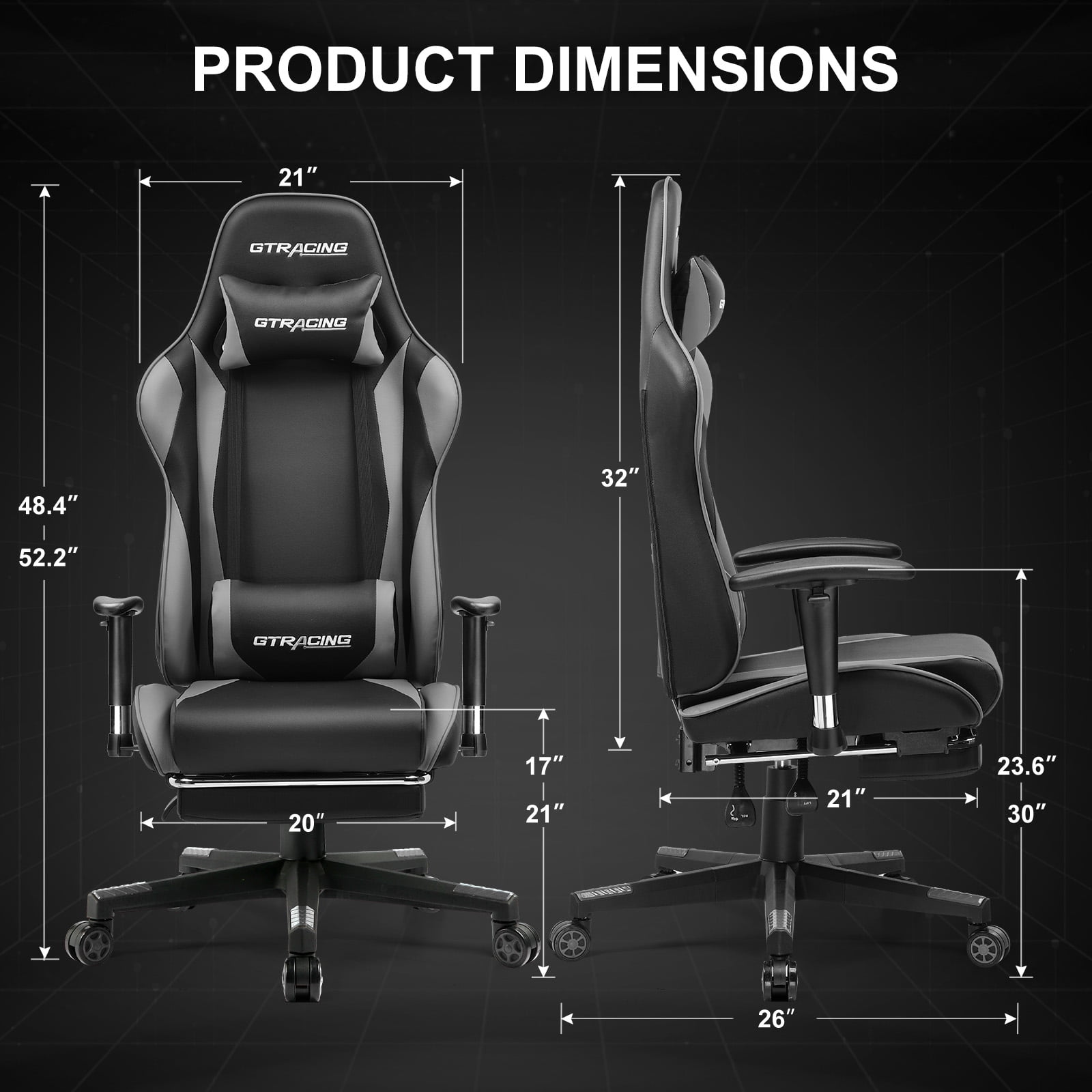 GTPLAYER Gaming Chair with Footrest PU Leather Office Chair with Adjustable Headrest, Gray